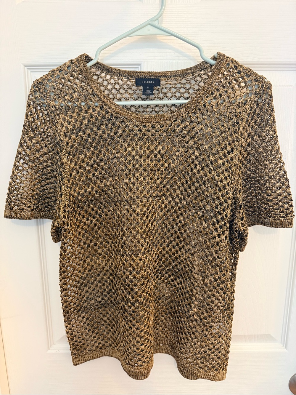 Halogen Open-Knit Metallic Gold Short Sleeve Top